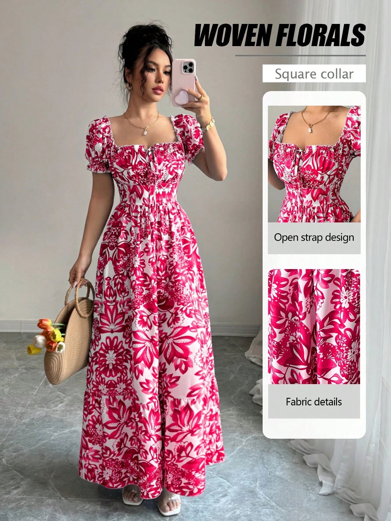 Elenzga New Women's Digital Print Puff Sleeve Lace Up Front, Gathered Waist Elegant Dress, Suitable For Dates, Holidays, Graceful
