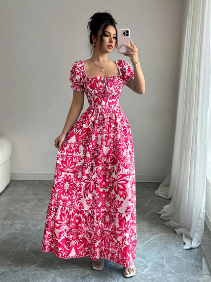 Elenzga New Women's Digital Print Puff Sleeve Lace Up Front, Gathered Waist Elegant Dress, Suitable For Dates, Holidays, Graceful