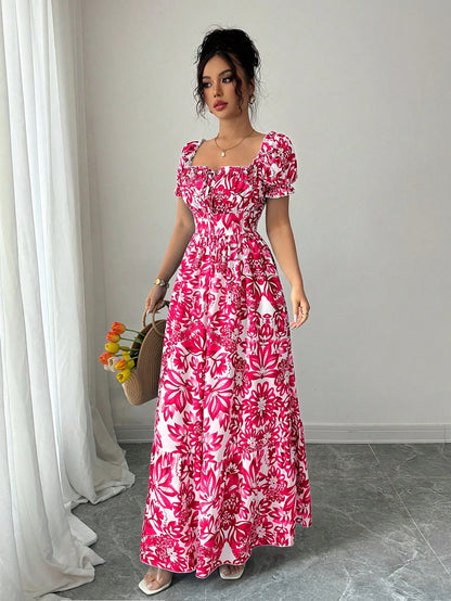Elenzga New Women's Digital Print Puff Sleeve Lace Up Front, Gathered Waist Elegant Dress, Suitable For Dates, Holidays, Graceful