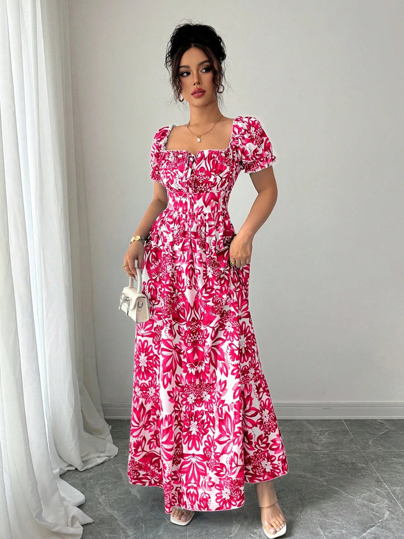Elenzga New Women's Digital Print Puff Sleeve Lace Up Front, Gathered Waist Elegant Dress, Suitable For Dates, Holidays, Graceful
