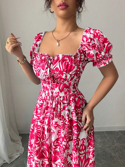 Elenzga New Women's Digital Print Puff Sleeve Lace Up Front, Gathered Waist Elegant Dress, Suitable For Dates, Holidays, Graceful