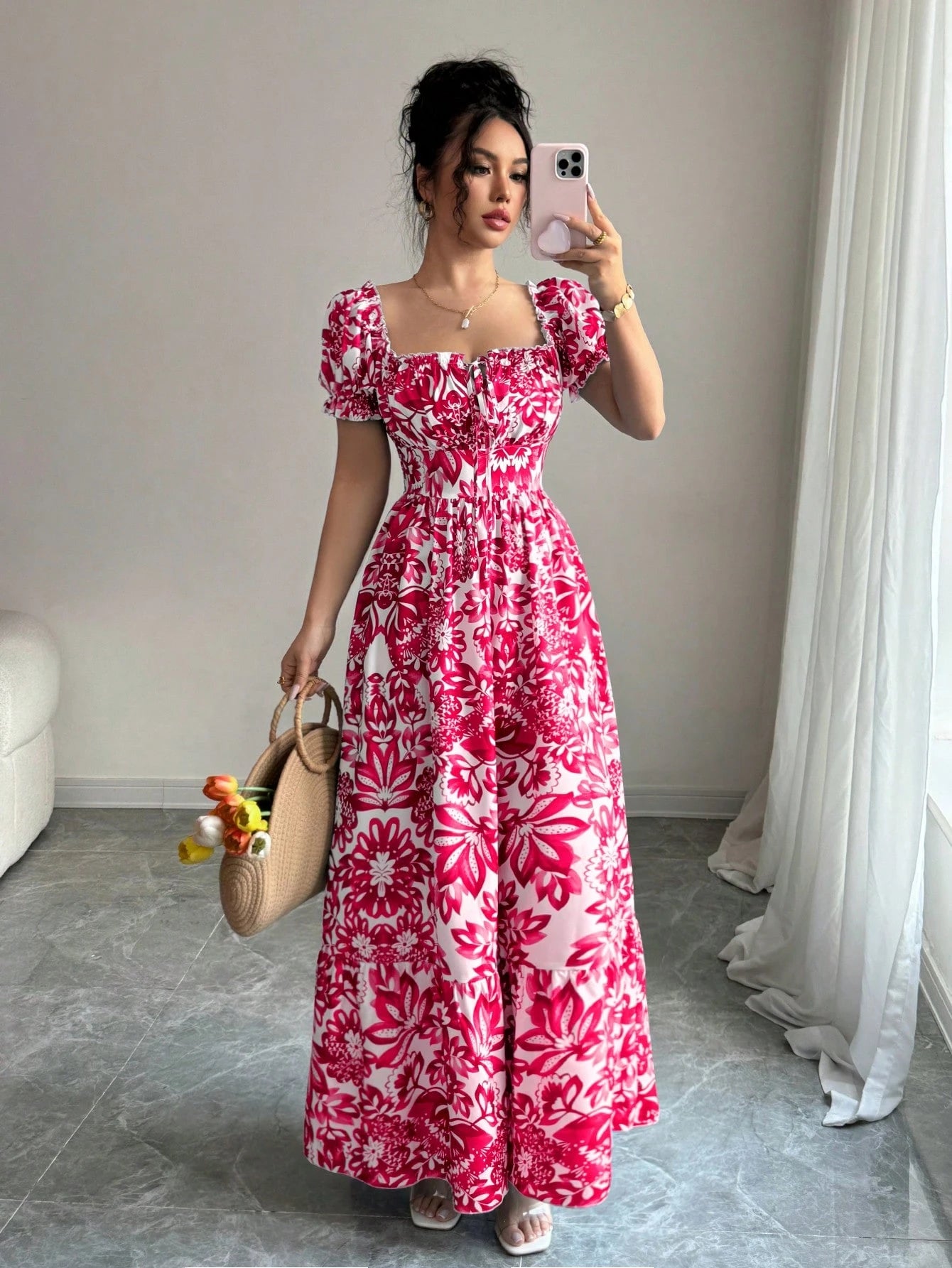 Elenzga New Women's Digital Print Puff Sleeve Lace Up Front, Gathered Waist Elegant Dress, Suitable For Dates, Holidays, Graceful