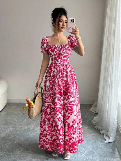 Elenzga New Women's Digital Print Puff Sleeve Lace Up Front, Gathered Waist Elegant Dress, Suitable For Dates, Holidays, Graceful