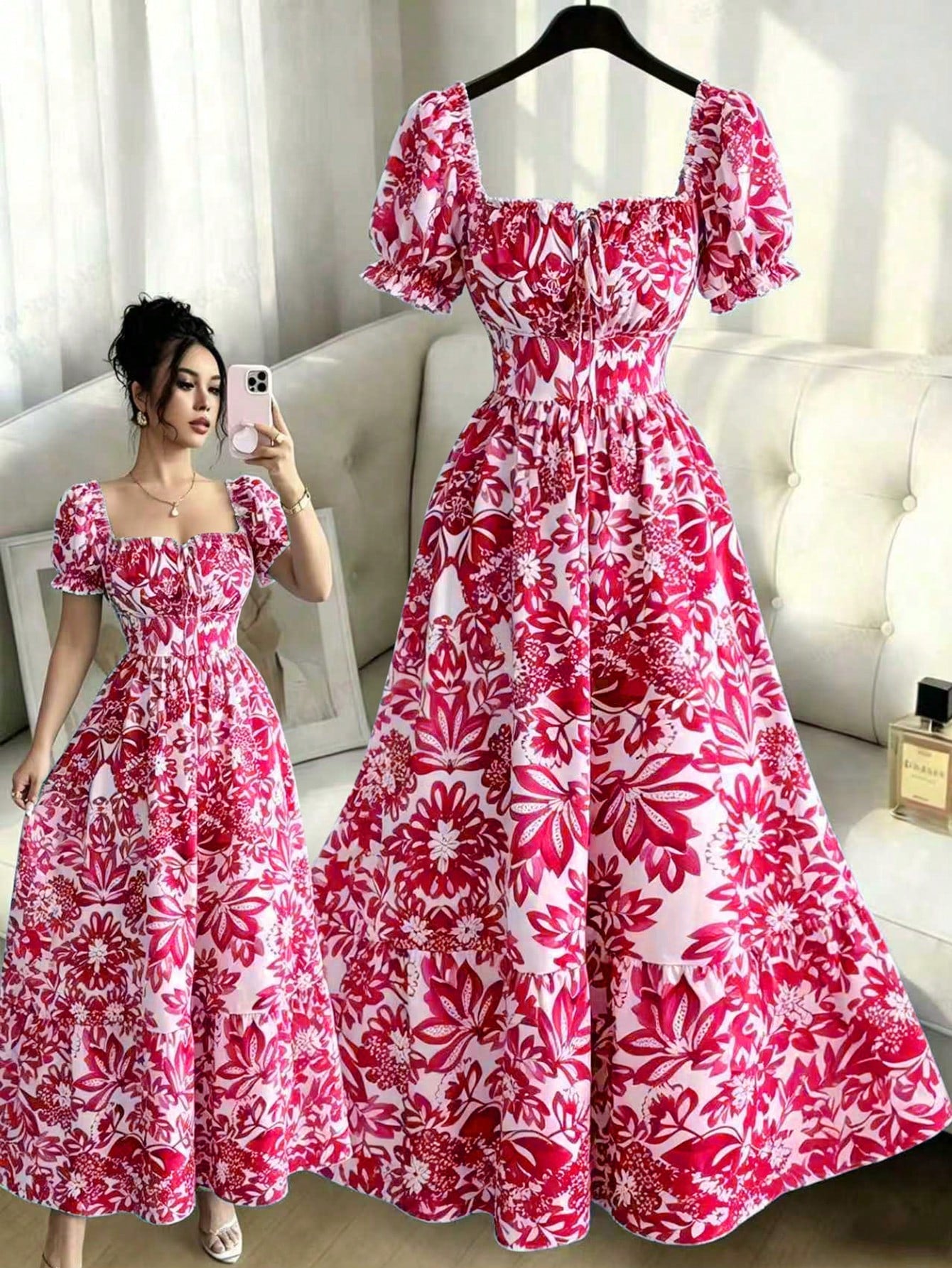 Elenzga New Women's Digital Print Puff Sleeve Lace Up Front, Gathered Waist Elegant Dress, Suitable For Dates, Holidays, Graceful