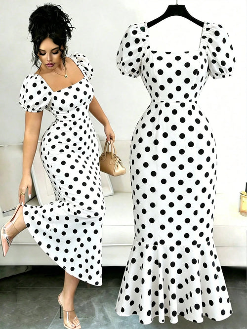 Elenzga New Women's Square Neck Floral Print Puff Sleeve Back Hidden Zipper Hem Fishtail Skirt Ruffle Design Vacation Casual Daily Versatile Elegant Dress