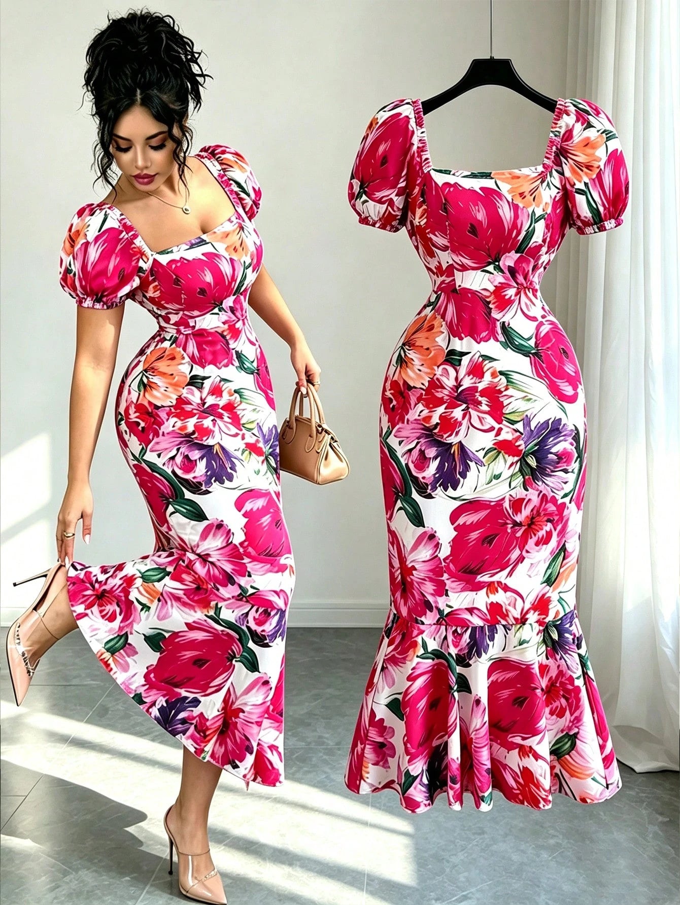Elenzga New Women's Square Neck Floral Print Puff Sleeve Back Hidden Zipper Hem Fishtail Skirt Ruffle Design Vacation Casual Daily Versatile Elegant Dress