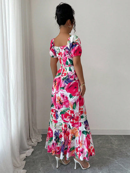 Elenzga New Women's Square Neck Floral Print Puff Sleeve Back Hidden Zipper Hem Fishtail Skirt Ruffle Design Vacation Casual Daily Versatile Elegant Dress