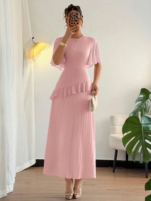 Elenzga New Women's Textured Woven Fabric Round Neck Chiffon Spliced Ruffle Sleeve Waist-Cinched Slimming Elegant Dress, Perfect For Dates