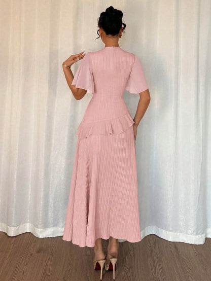 Elenzga New Women's Textured Woven Fabric Round Neck Chiffon Spliced Ruffle Sleeve Waist-Cinched Slimming Elegant Dress, Perfect For Dates