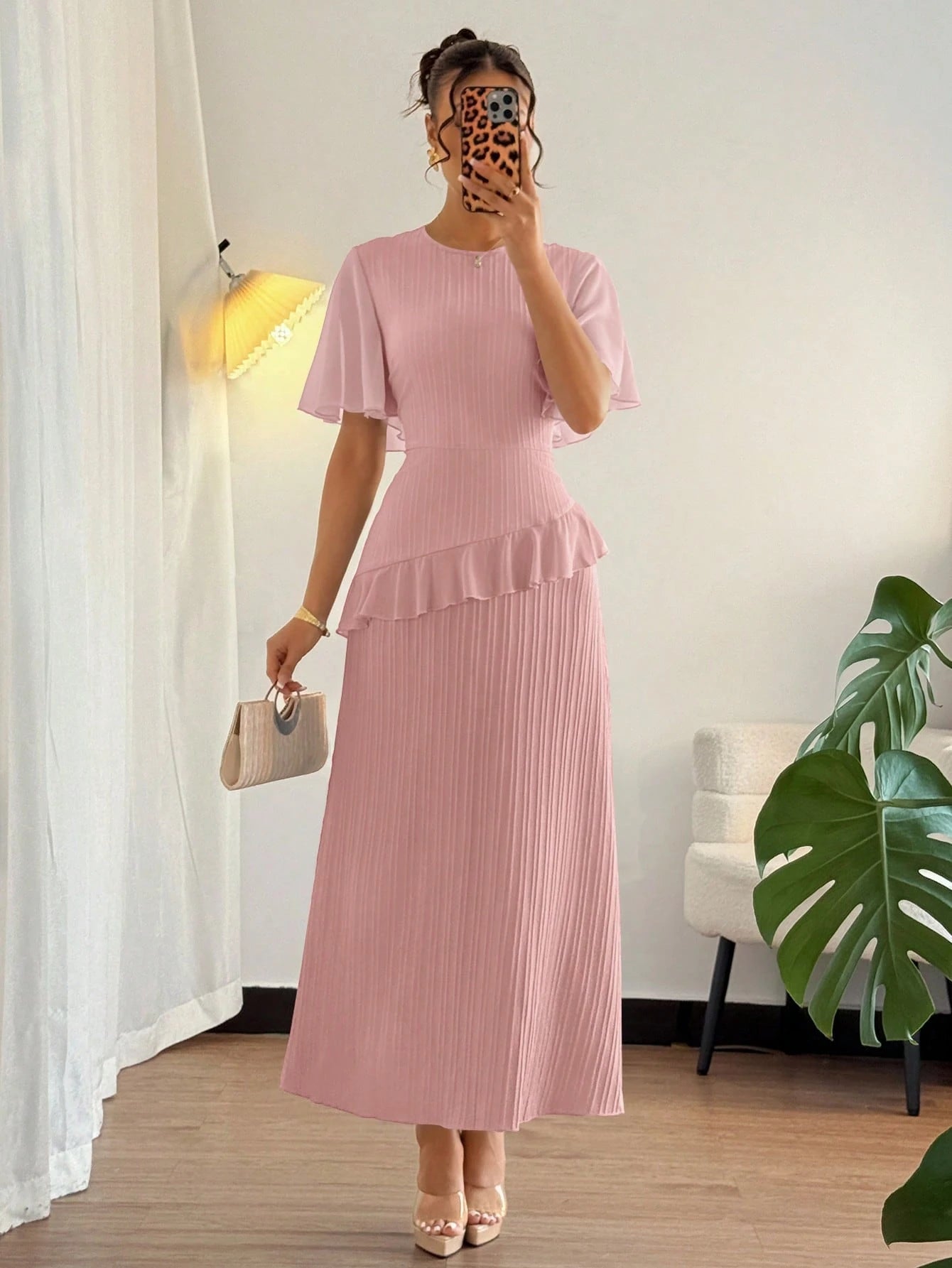 Elenzga New Women's Textured Woven Fabric Round Neck Chiffon Spliced Ruffle Sleeve Waist-Cinched Slimming Elegant Dress, Perfect For Dates