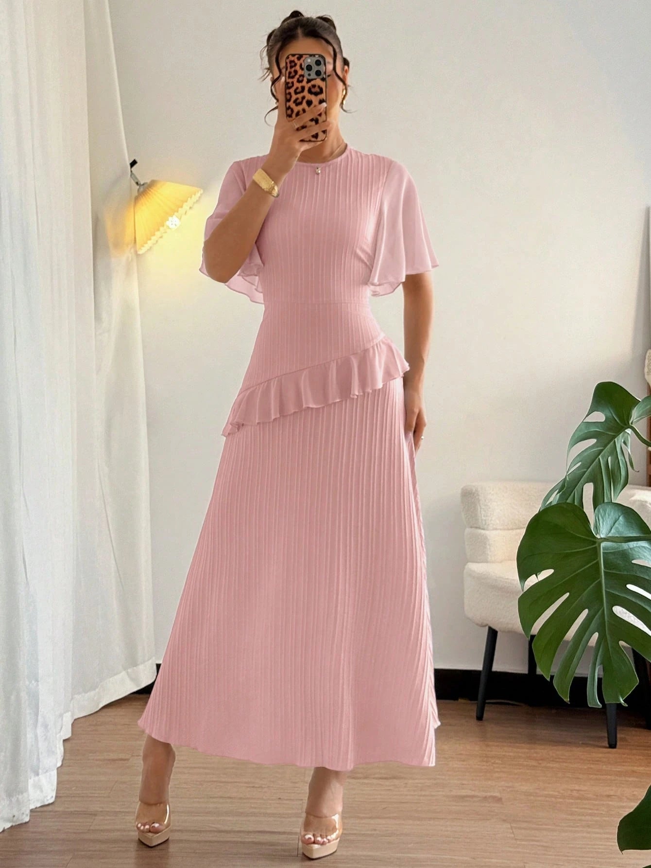 Elenzga New Women's Textured Woven Fabric Round Neck Chiffon Spliced Ruffle Sleeve Waist-Cinched Slimming Elegant Dress, Perfect For Dates