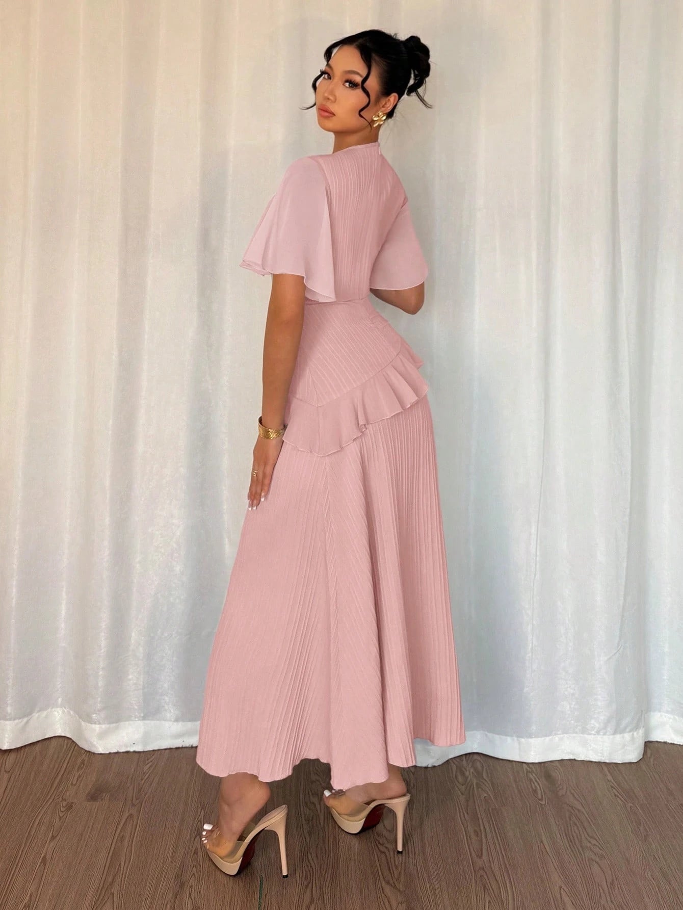 Elenzga New Women's Textured Woven Fabric Round Neck Chiffon Spliced Ruffle Sleeve Waist-Cinched Slimming Elegant Dress, Perfect For Dates