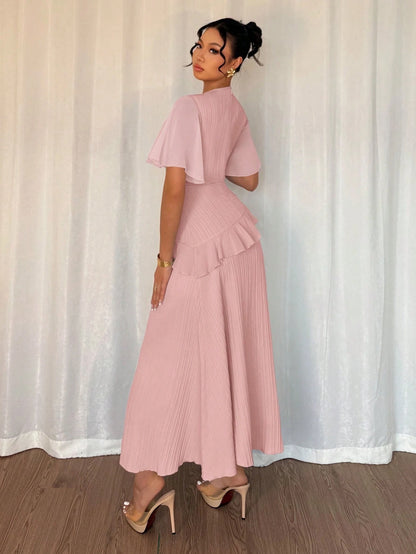 Elenzga New Women's Textured Woven Fabric Round Neck Chiffon Spliced Ruffle Sleeve Waist-Cinched Slimming Elegant Dress, Perfect For Dates