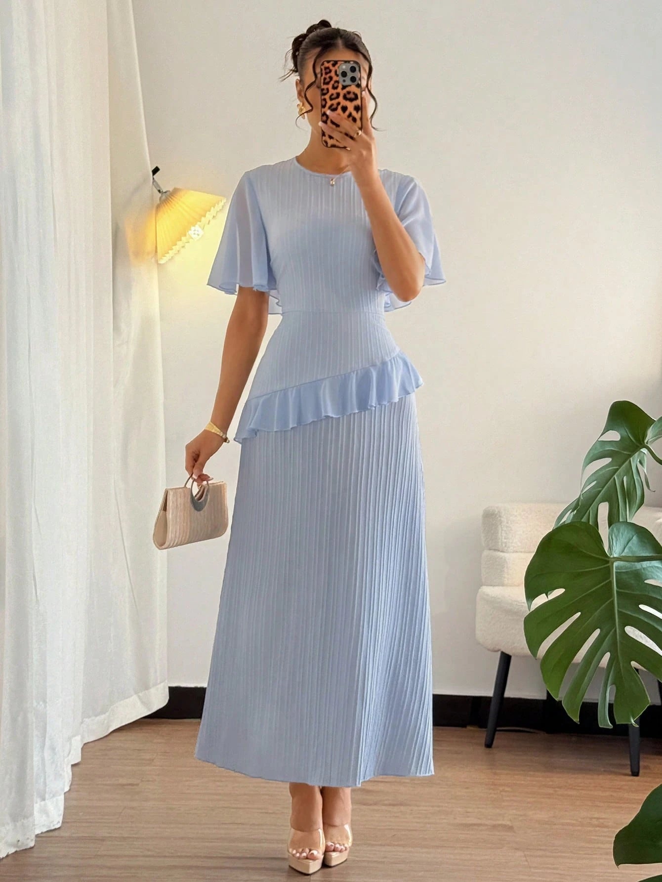 Elenzga New Women's Textured Woven Fabric Round Neck Chiffon Spliced Ruffle Sleeve Waist-Cinched Slimming Elegant Dress, Perfect For Dates