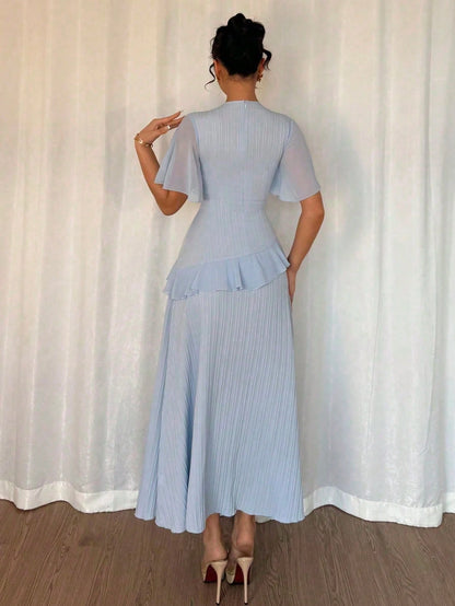 Elenzga New Women's Textured Woven Fabric Round Neck Chiffon Spliced Ruffle Sleeve Waist-Cinched Slimming Elegant Dress, Perfect For Dates