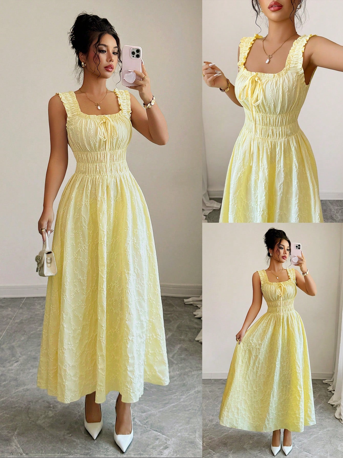 Elenzga New Woven Texture Floral Fabric Dress For Women, Spaghetti Strap Bowknot Design Waist Gathering A-Line Fashionable Versatile Elegant Refined