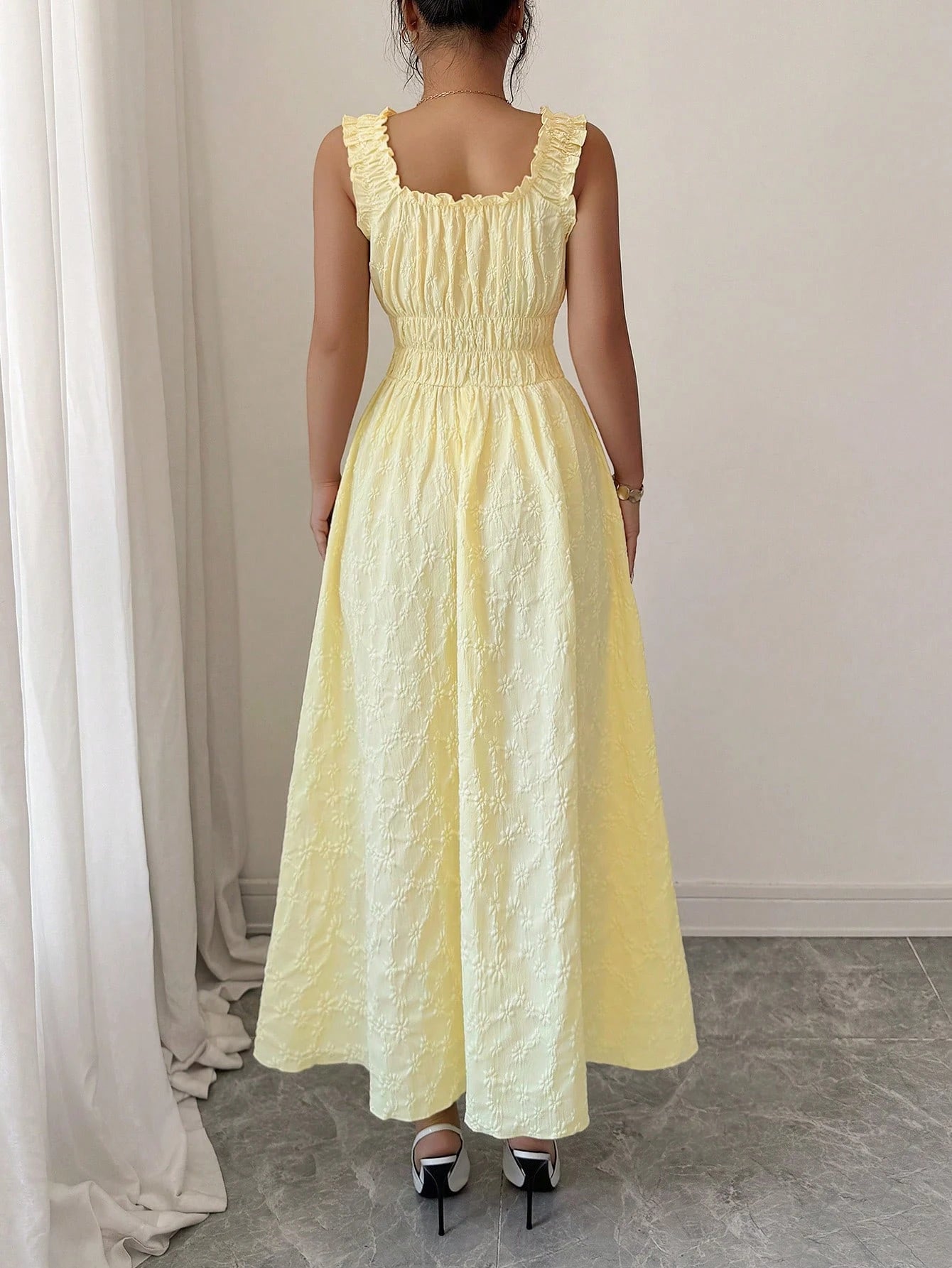 Elenzga New Woven Texture Floral Fabric Dress For Women, Spaghetti Strap Bowknot Design Waist Gathering A-Line Fashionable Versatile Elegant Refined