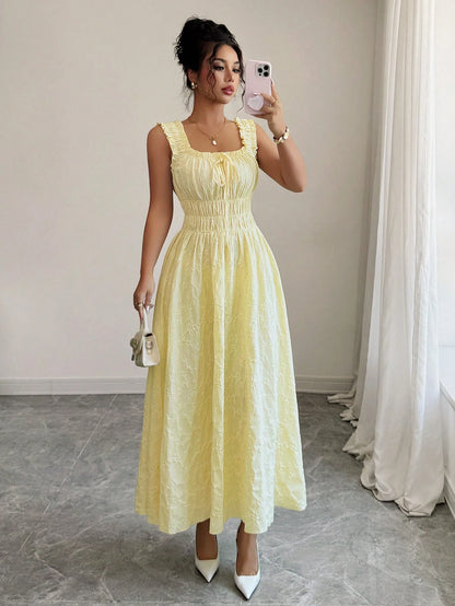 Elenzga New Woven Texture Floral Fabric Dress For Women, Spaghetti Strap Bowknot Design Waist Gathering A-Line Fashionable Versatile Elegant Refined