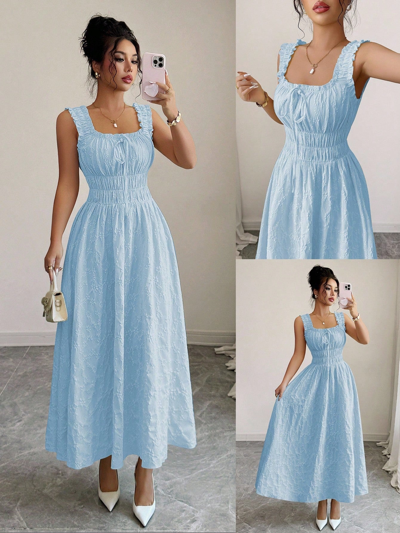Elenzga New Woven Texture Floral Fabric Dress For Women, Spaghetti Strap Bowknot Design Waist Gathering A-Line Fashionable Versatile Elegant Refined