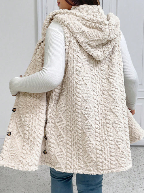 Elenzga Plus Size Casual Fluffy Jacquard Solid Color Thick Hooded Single-Breasted Warm Versatile Vest Jacket Winter Fall Autumn