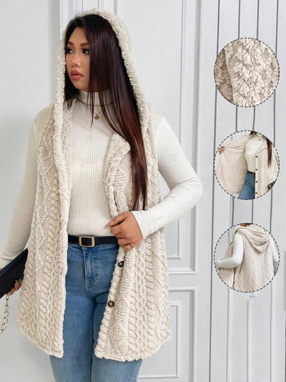 Elenzga Plus Size Casual Fluffy Jacquard Solid Color Thick Hooded Single-Breasted Warm Versatile Vest Jacket Winter Fall Autumn