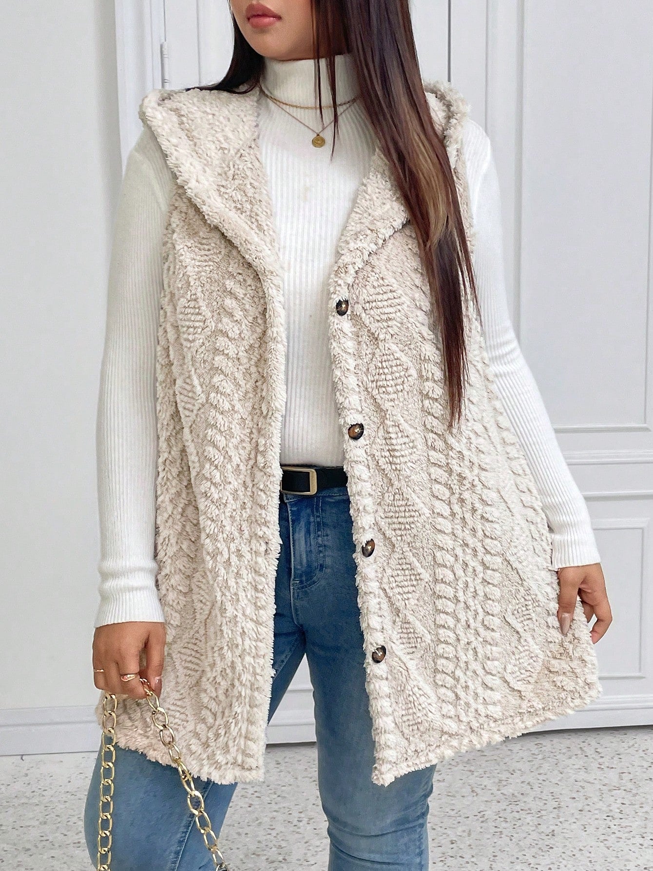 Elenzga Plus Size Casual Fluffy Jacquard Solid Color Thick Hooded Single-Breasted Warm Versatile Vest Jacket Winter Fall Autumn