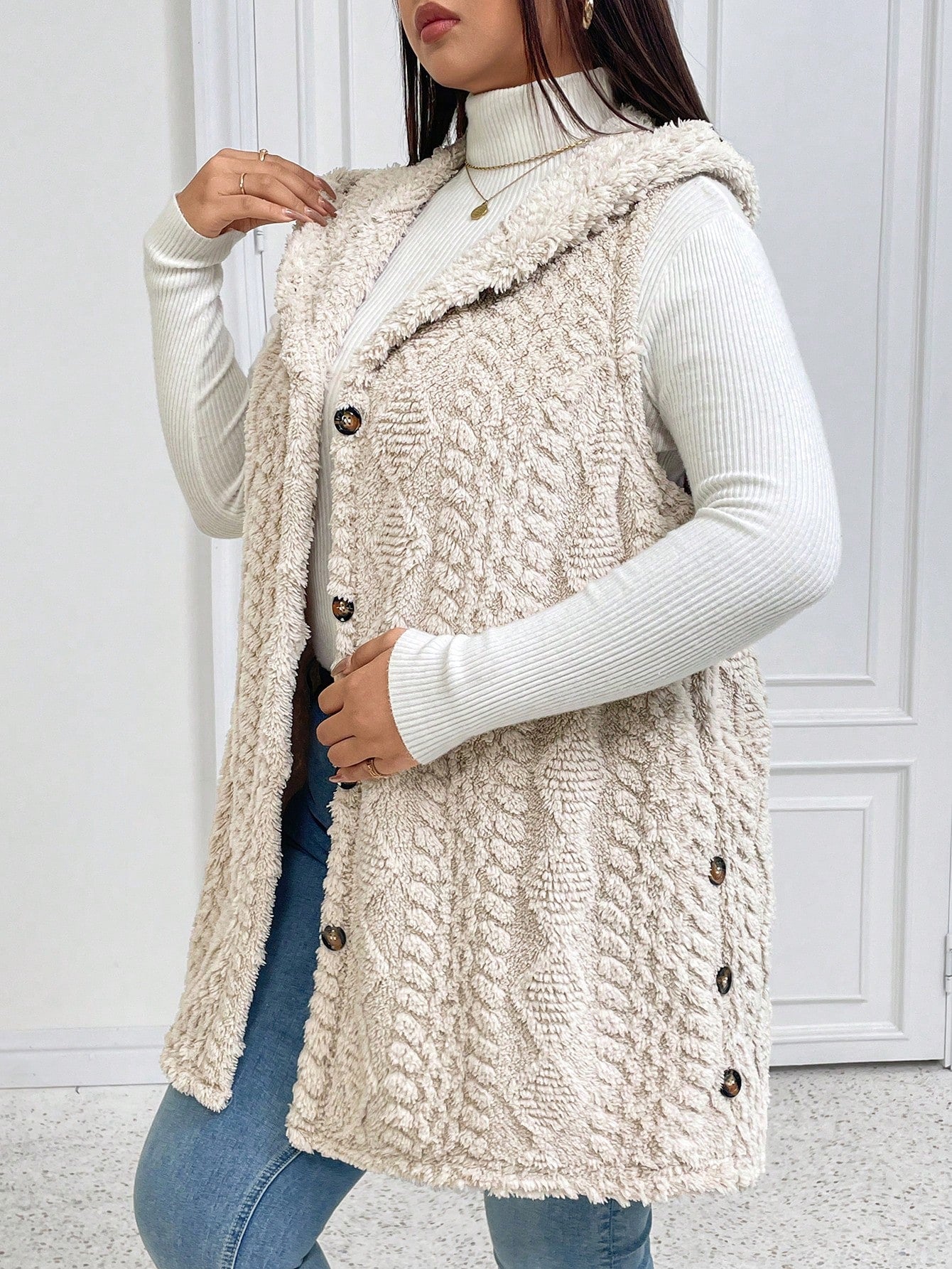 Elenzga Plus Size Casual Fluffy Jacquard Solid Color Thick Hooded Single-Breasted Warm Versatile Vest Jacket Winter Fall Autumn