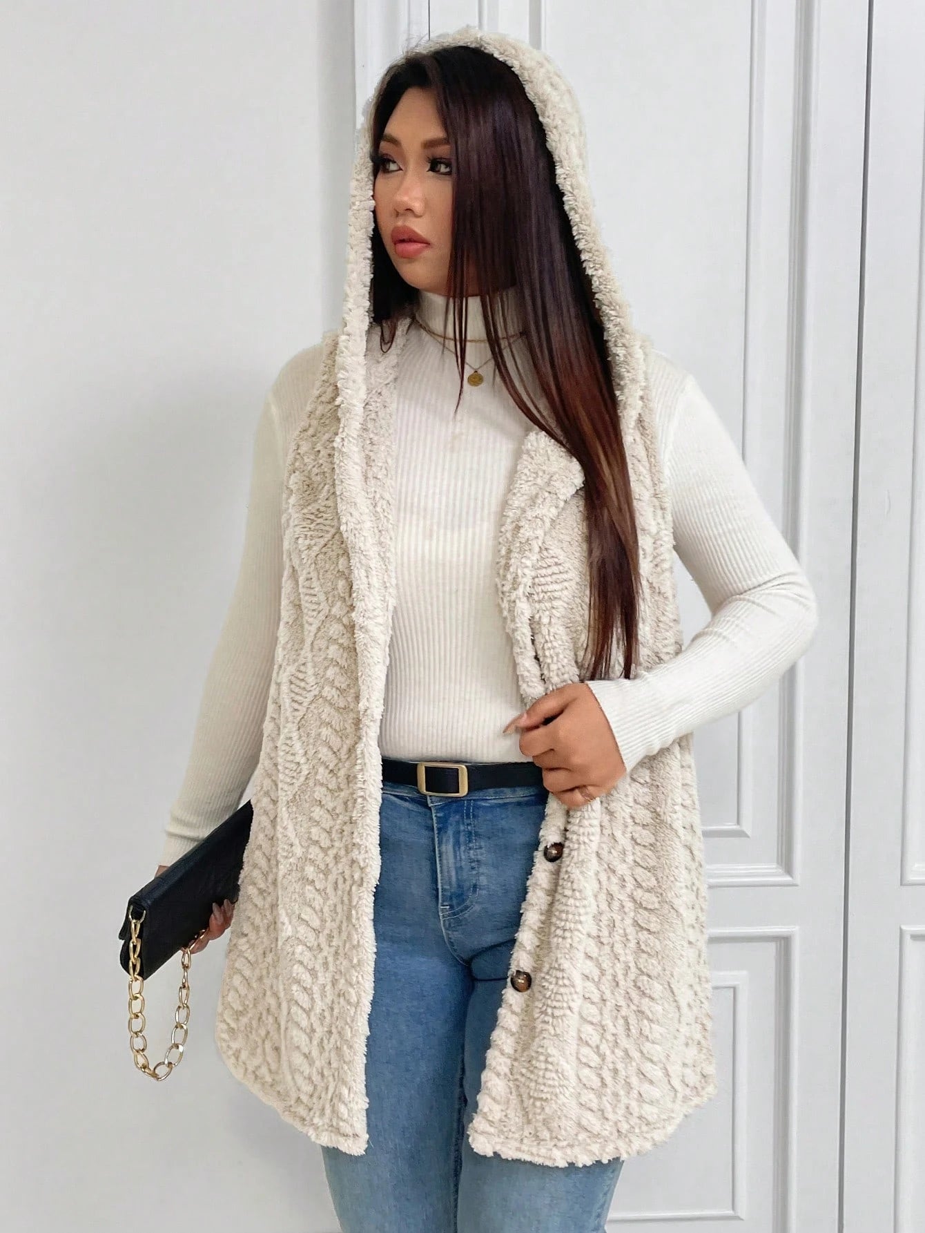 Elenzga Plus Size Casual Fluffy Jacquard Solid Color Thick Hooded Single-Breasted Warm Versatile Vest Jacket Winter Fall Autumn