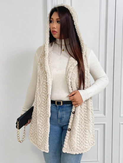 Elenzga Plus Size Casual Fluffy Jacquard Solid Color Thick Hooded Single-Breasted Warm Versatile Vest Jacket Winter Fall Autumn