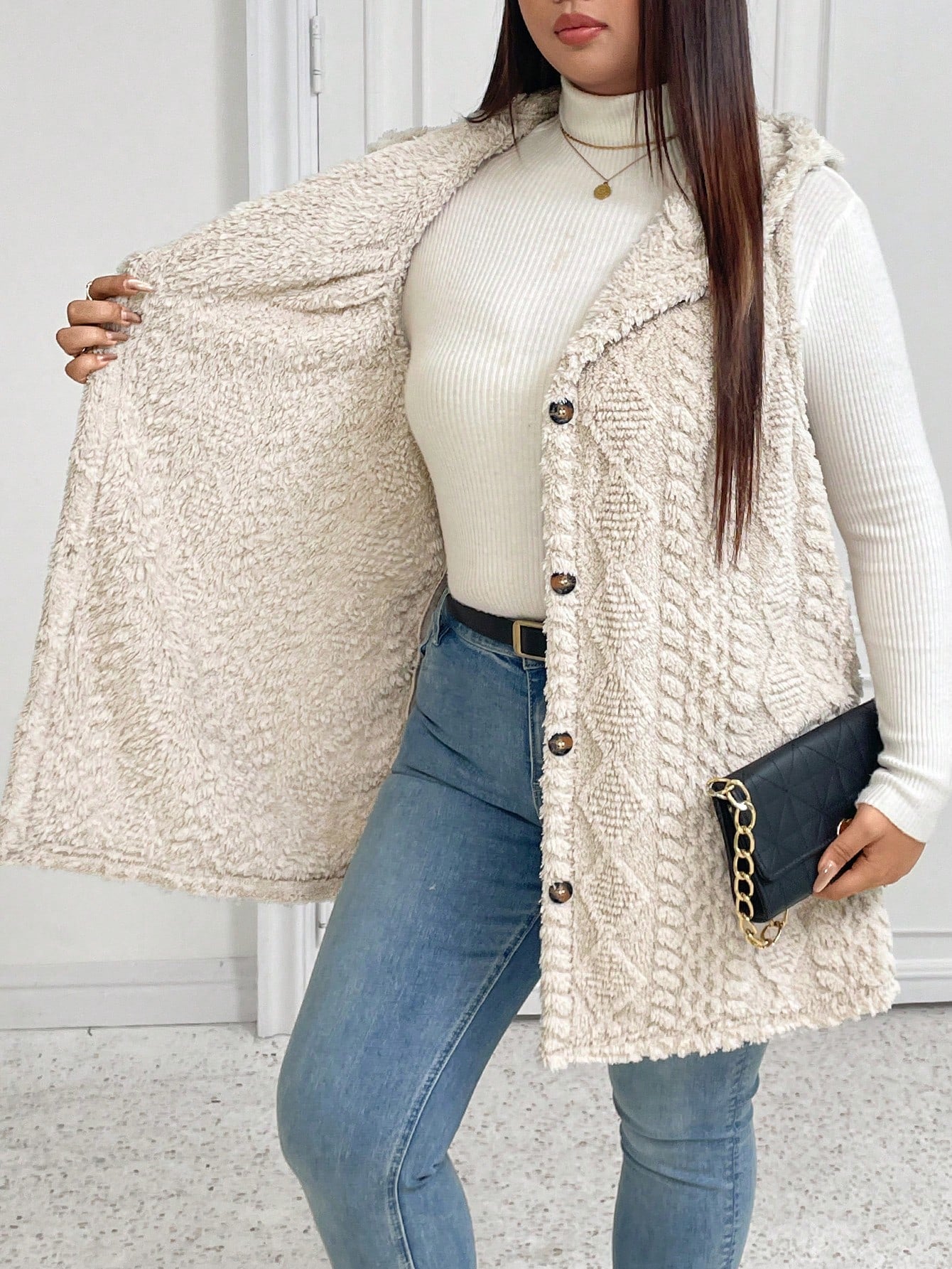 Elenzga Plus Size Casual Fluffy Jacquard Solid Color Thick Hooded Single-Breasted Warm Versatile Vest Jacket Winter Fall Autumn