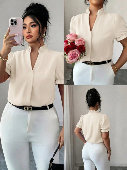 Elenzga Plus Size Elegant Commuter Solid Color Collared Blouse