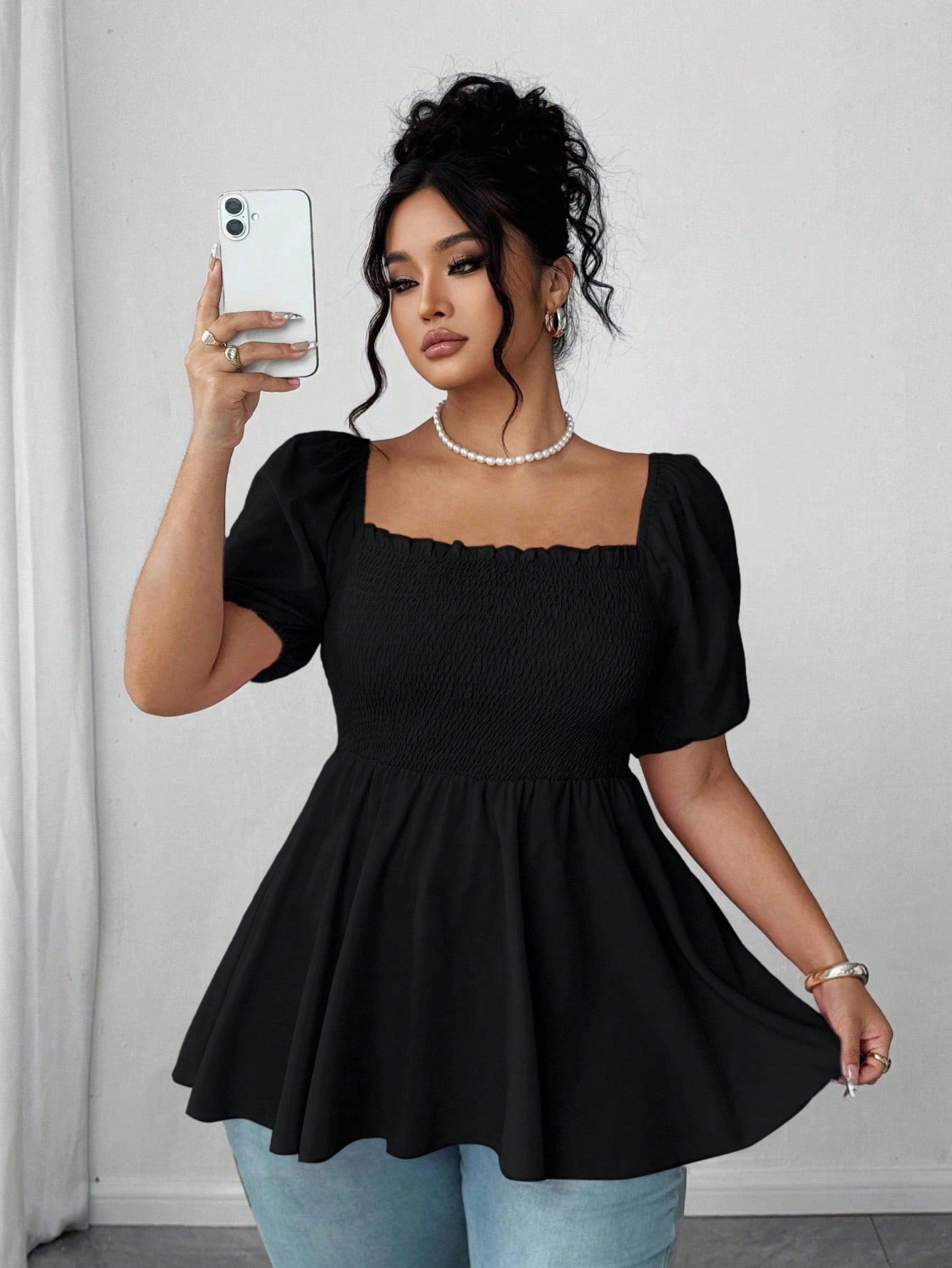 Elenzga Plus Size Fashionable Pleated Blouse Top For Women, Square Collar Elegant Versatile Waist Fitted Stylish Shirt