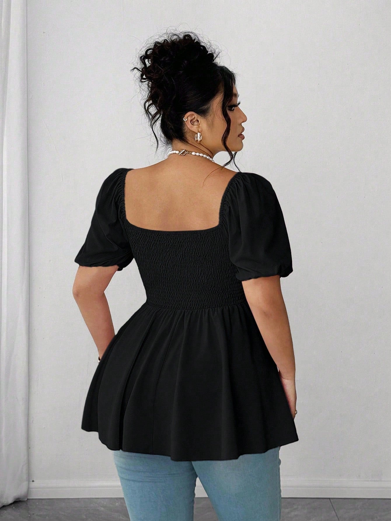 Elenzga Plus Size Fashionable Pleated Blouse Top For Women, Square Collar Elegant Versatile Waist Fitted Stylish Shirt