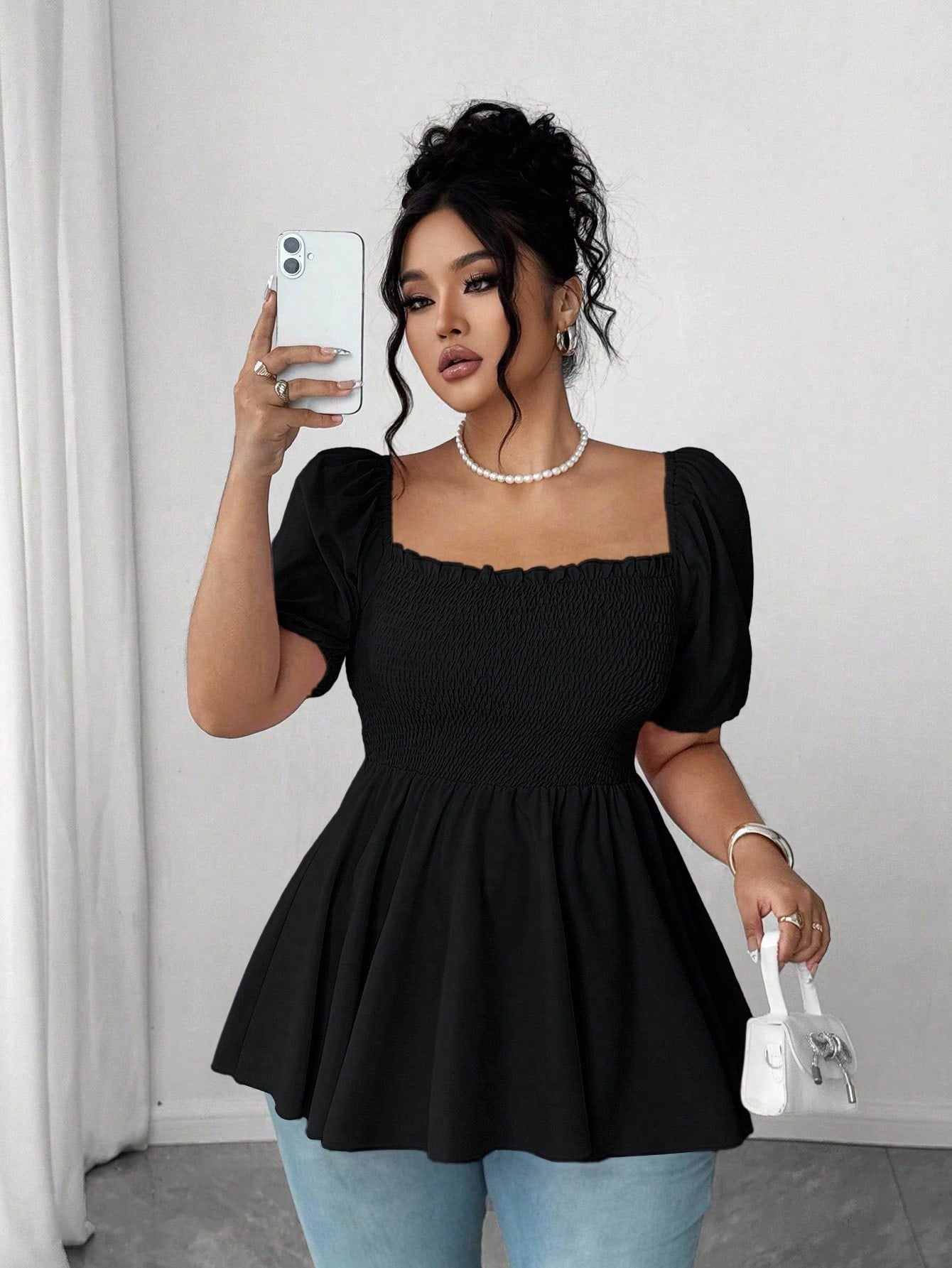 Elenzga Plus Size Fashionable Pleated Blouse Top For Women, Square Collar Elegant Versatile Waist Fitted Stylish Shirt