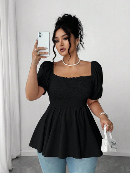 Elenzga Plus Size Fashionable Pleated Blouse Top For Women, Square Collar Elegant Versatile Waist Fitted Stylish Shirt