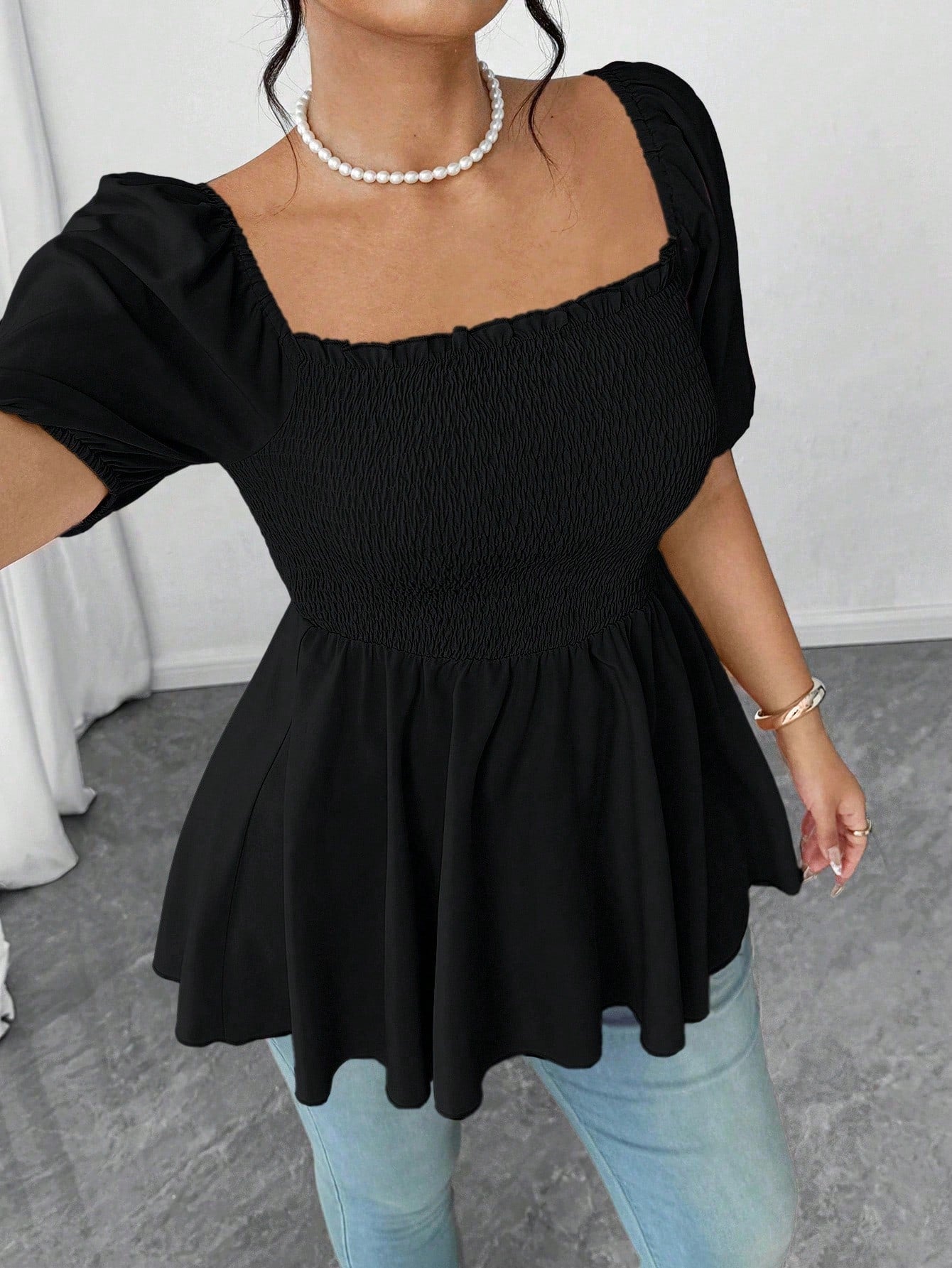 Elenzga Plus Size Fashionable Pleated Blouse Top For Women, Square Collar Elegant Versatile Waist Fitted Stylish Shirt