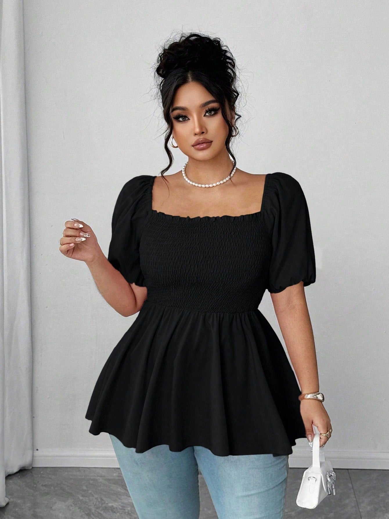 Elenzga Plus Size Fashionable Pleated Blouse Top For Women, Square Collar Elegant Versatile Waist Fitted Stylish Shirt