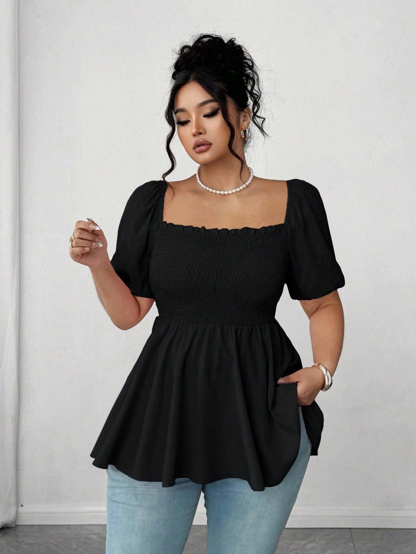 Elenzga Plus Size Fashionable Pleated Blouse Top For Women, Square Collar Elegant Versatile Waist Fitted Stylish Shirt