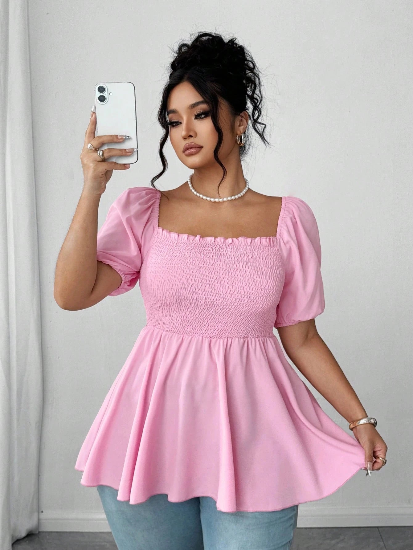 Elenzga Plus Size Fashionable Pleated Blouse Top For Women, Square Collar Elegant Versatile Waist Fitted Stylish Shirt
