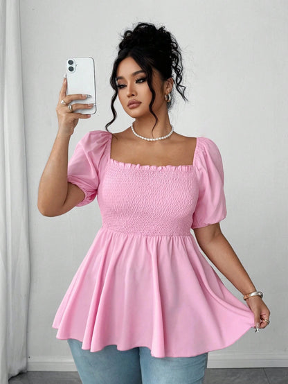 Elenzga Plus Size Fashionable Pleated Blouse Top For Women, Square Collar Elegant Versatile Waist Fitted Stylish Shirt