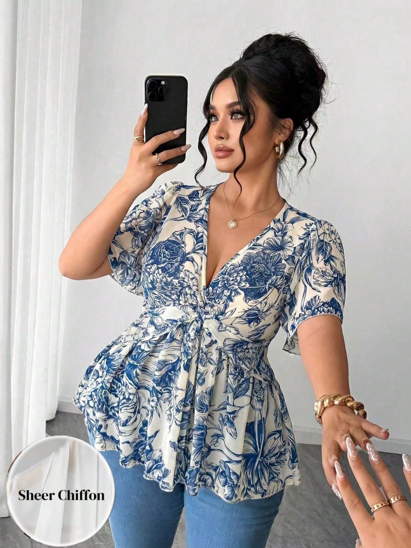 Elenzga Plus Size Polka Dot Floral Chiffon Blouse, Twisted Hem Design, Elegant Commuter Versatile. Spring/Summer Textured Fabric, Suitable For Party, Date, Holiday Outing.