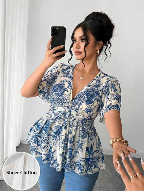 Elenzga Plus Size Polka Dot Floral Chiffon Blouse, Twisted Hem Design, Elegant Commuter Versatile. Spring/Summer Textured Fabric, Suitable For Party, Date, Holiday Outing.