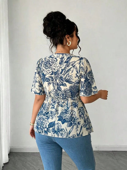 Elenzga Plus Size Polka Dot Floral Chiffon Blouse, Twisted Hem Design, Elegant Commuter Versatile. Spring/Summer Textured Fabric, Suitable For Party, Date, Holiday Outing.