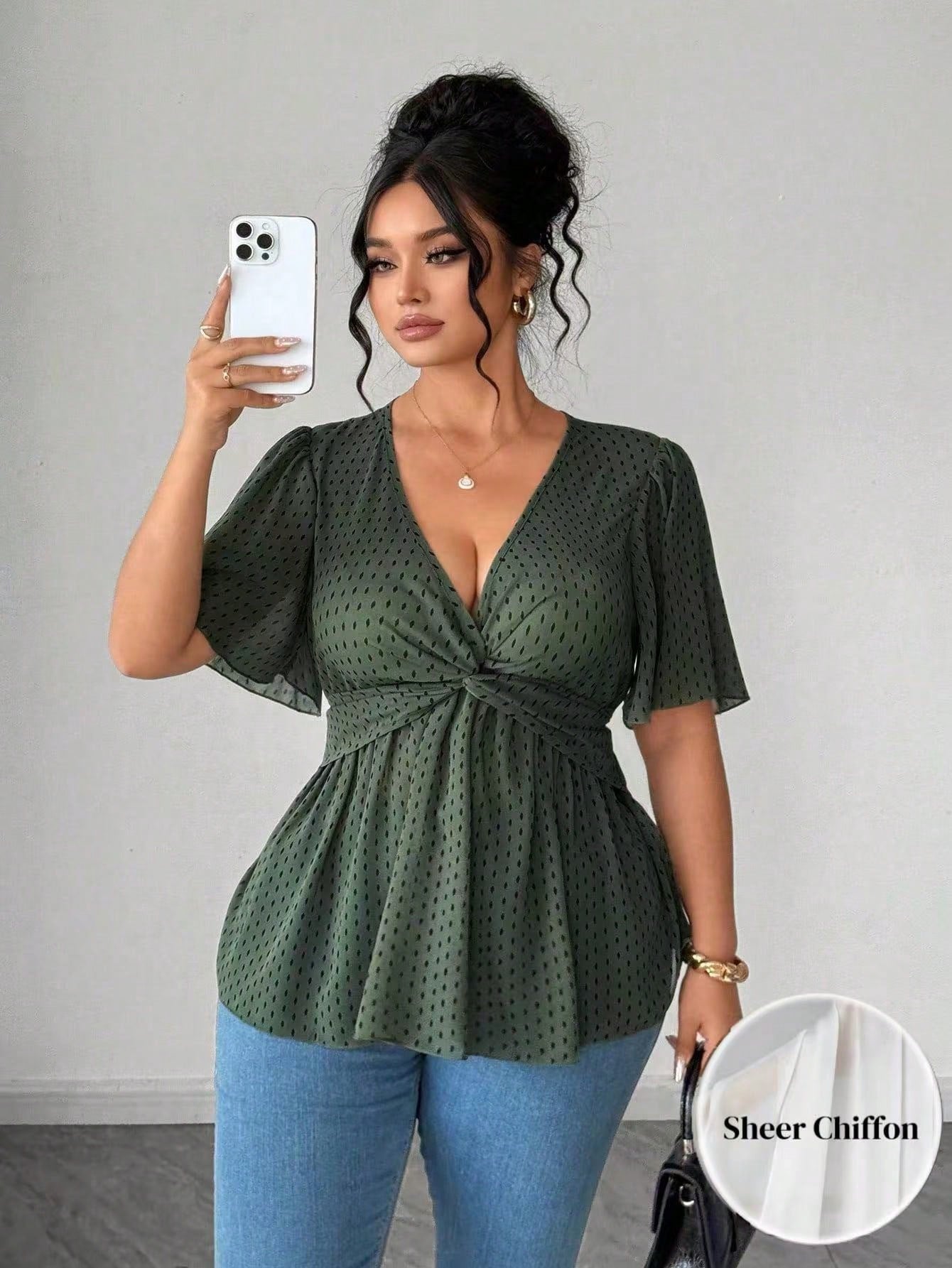 Elenzga Plus Size Polka Dot Floral Chiffon Blouse, Twisted Hem Design, Elegant Commuter Versatile. Spring/Summer Textured Fabric, Suitable For Party, Date, Holiday Outing.