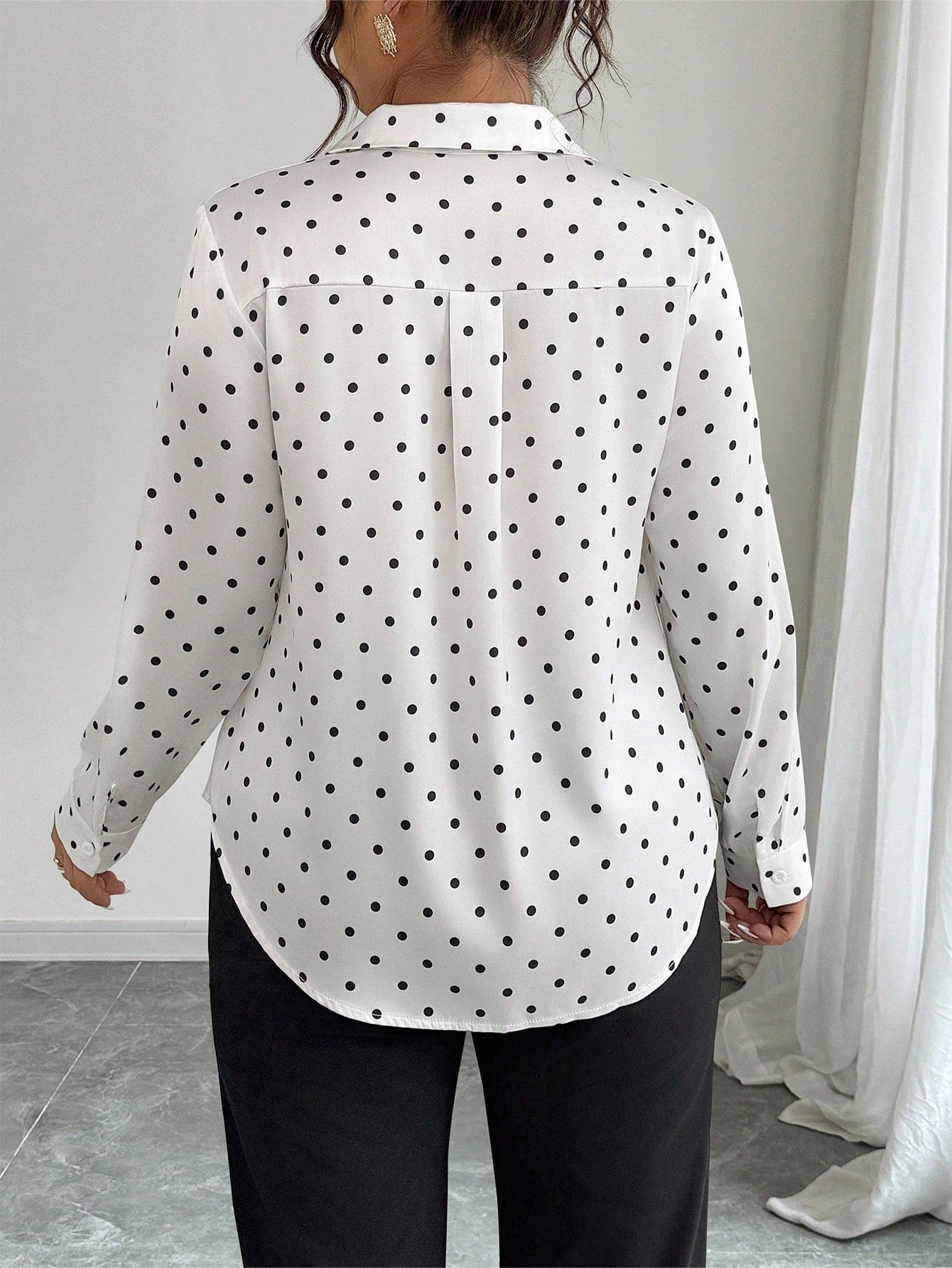 Elenzga Plus Size Polka Dot Print Button Up Short Sleeve Shirt With Random Print Fall/Winter Cloth For Women Autumn/Winter Fall