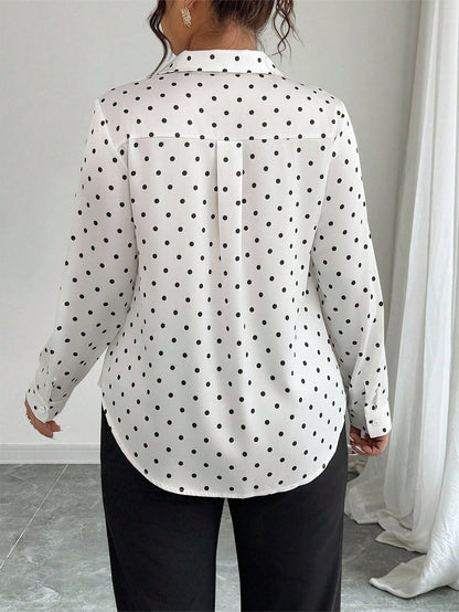 Elenzga Plus Size Polka Dot Print Button Up Short Sleeve Shirt With Random Print Fall/Winter Cloth For Women Autumn/Winter Fall