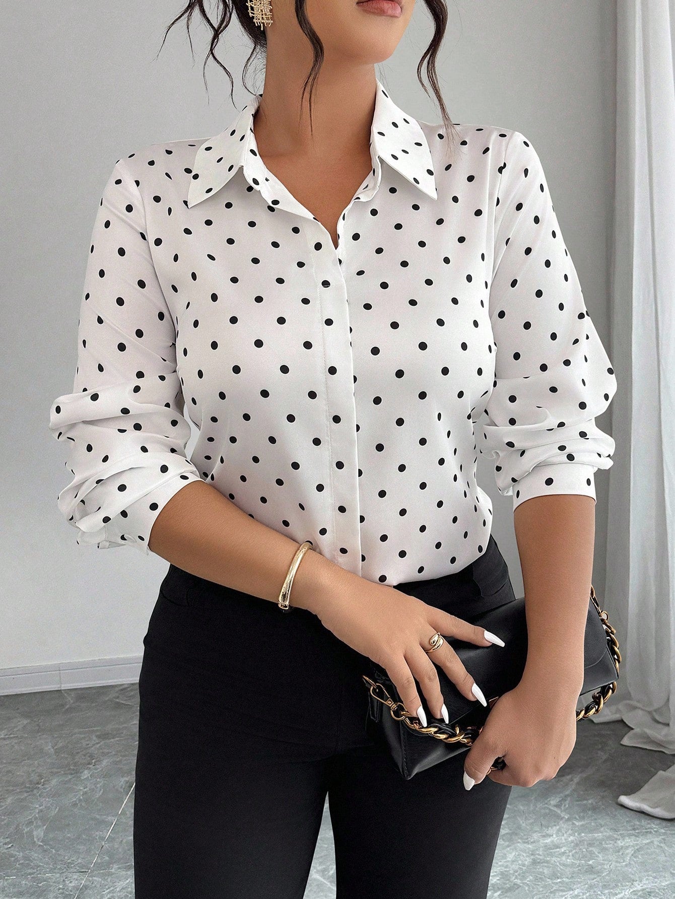 Elenzga Plus Size Polka Dot Print Button Up Short Sleeve Shirt With Random Print Fall/Winter Cloth For Women Autumn/Winter Fall