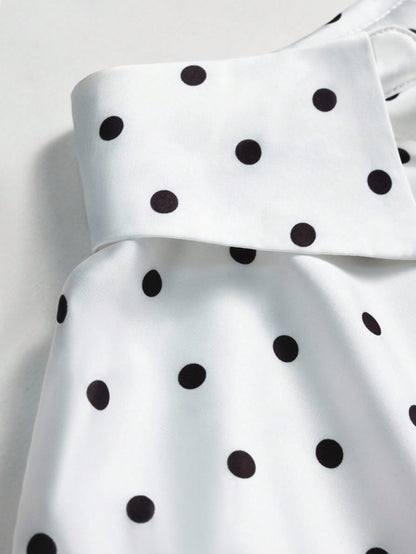 Elenzga Plus Size Polka Dot Print Button Up Short Sleeve Shirt With Random Print Fall/Winter Cloth For Women Autumn/Winter Fall