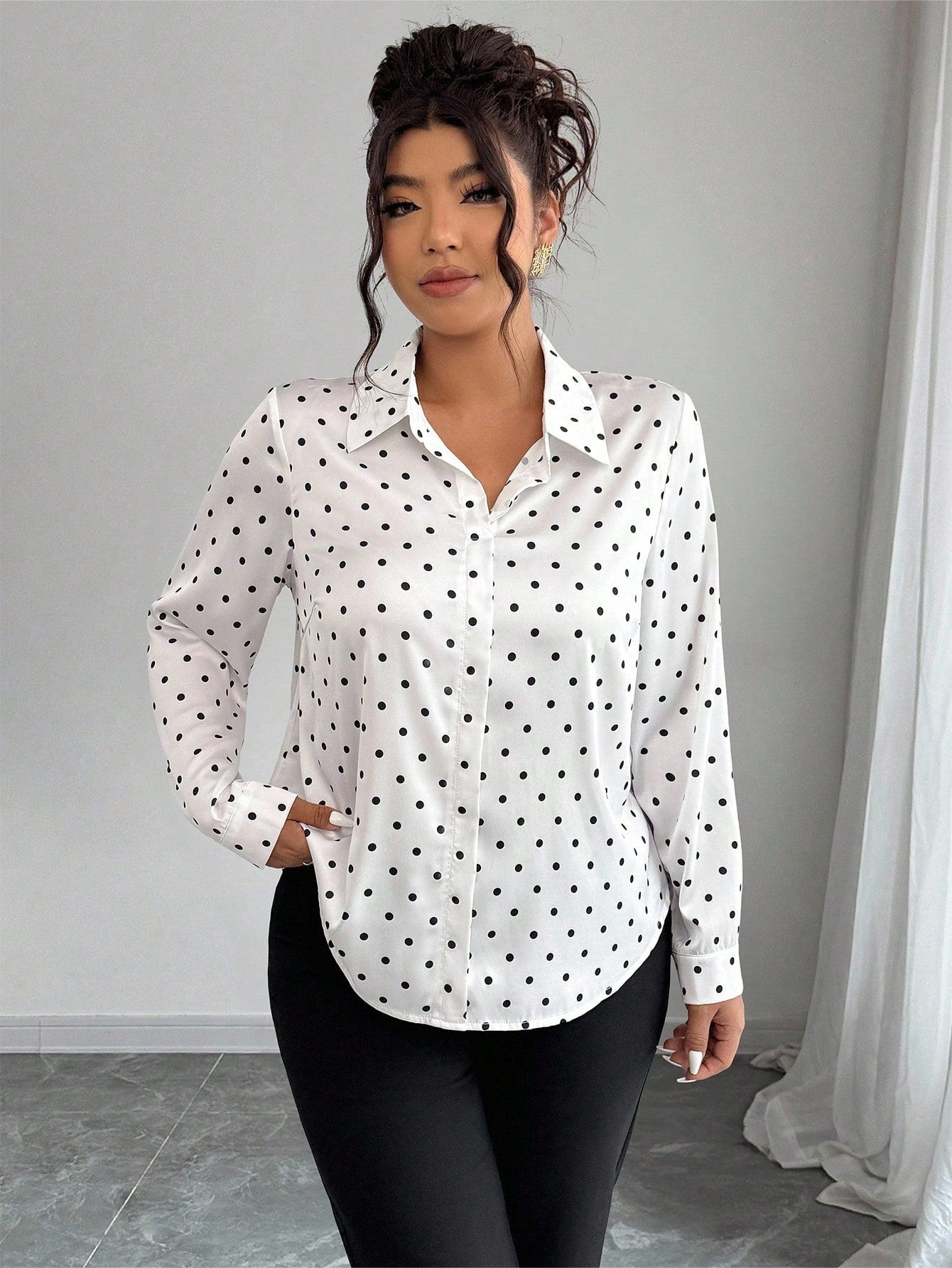 Elenzga Plus Size Polka Dot Print Button Up Short Sleeve Shirt With Random Print Fall/Winter Cloth For Women Autumn/Winter Fall