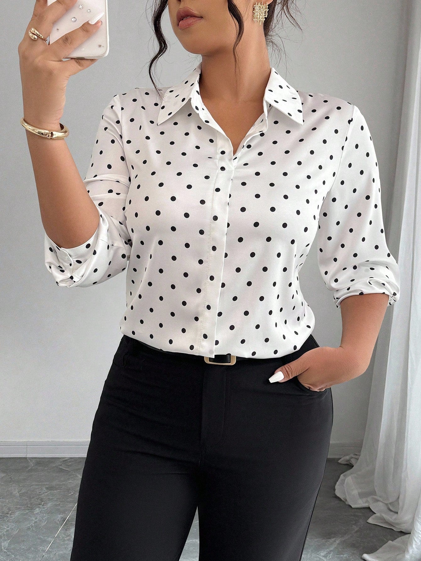 Elenzga Plus Size Polka Dot Print Button Up Short Sleeve Shirt With Random Print Fall/Winter Cloth For Women Autumn/Winter Fall